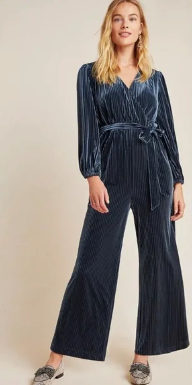 Ali & Jay Womens Ribbed Velvet Jumpsuit Belted Long Sleeve Dark Teal Size Large